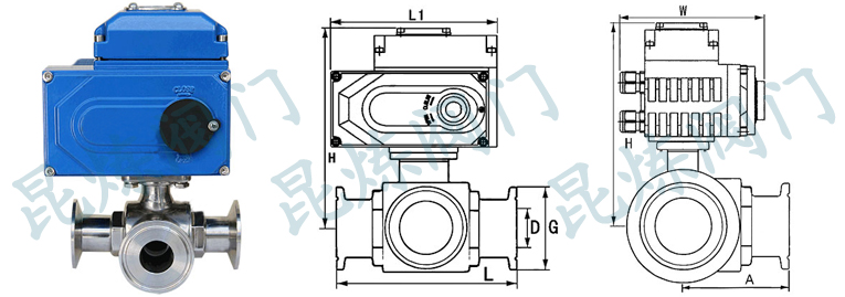 Q984F/Q985F電動(dòng)衛(wèi)生級(jí)三通球閥結(jié)構(gòu)圖- 上海昆煉閥門制造有限公司 Q984F/Q985F電動(dòng)衛(wèi)生級(jí)三通球閥結(jié)構(gòu)圖- 上海昆煉閥門制造有限公司